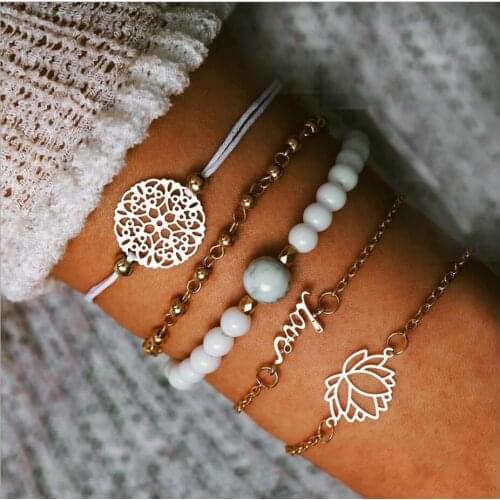 Bracelet set bead chain bead strands hollow-out flower Disc charm Gold color plated metal chain rope