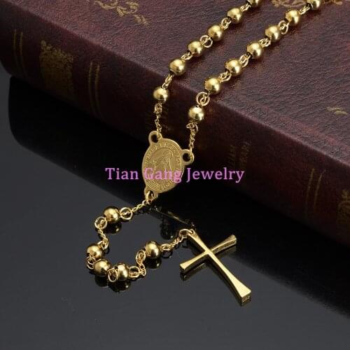 Newest Design Men Womens Stainless Steel Pendant Necklace Gold Tone Jesus Christ Crucifix Cross Rosary Vintage Necklace