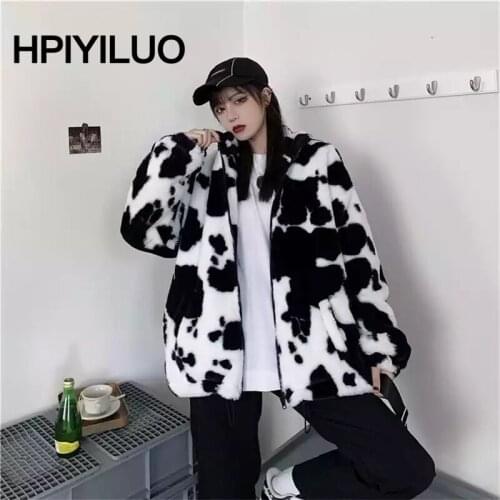 HPIYILU Winter New Fashion Coat Harajuku Cows Printing Loose Full Sleeve Leather Jacket Vintage Flannel Keep Warm Cotton Clothes