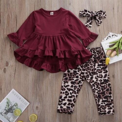 CANIS Autumn Toddler Kid Baby Girl Leopard Outfit Clothes Long Sleeve Ruffles T-Shirt Top Dress+Pants Set