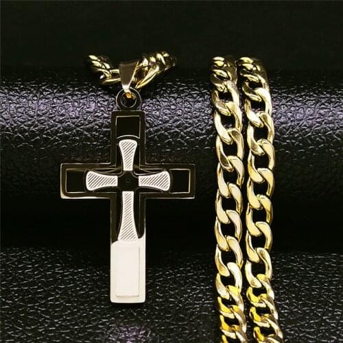 Hip Hop Cross Stainless Steel Choker Necklace Gold Color Double Layer Long Necklace Women/Men Jewelry collier homme NXS05