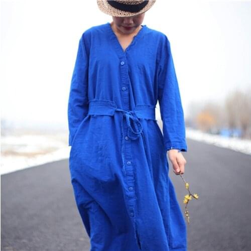 Casual Women V neck Solid Color Single Breasted Dress Spring New Cotton Linen Dress for female Ladies vintage Dresses
