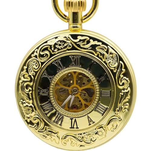 Full Gold Skeleton Pocket Watch Vintage Steampunk Necklace Chain Mechanical Hand Winding Fashion Best Gifts Men Women PJX1374
