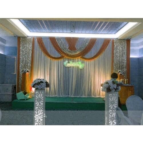 20ft*10ft Luxury ice silk Wedding Backdrop Stage Curtains with swags Silver Sequin Fabric Wedding Props Satin Drape curtain