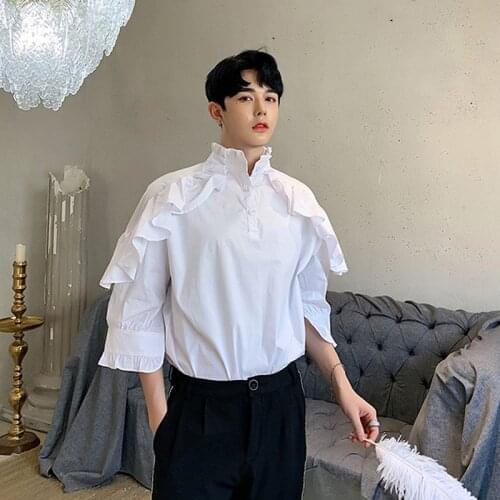 Men Front Back Wear Stand Collar Shawl Loose Casual Shirts Male Women Vintage Pullover Party Show Dress Shirts Stage Clothing