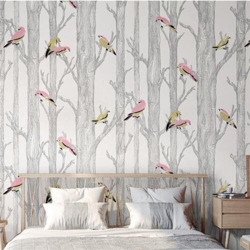 Nordic flowers and birds birch forest wallpaper modern minimalist non-woven light luxury living room background wallpaper