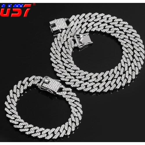US7 12MM Miami Prong Cuban Chain Full Iced Out Crystal Rhinestones Bling Set of Bracelet&Necklace For Men&Women Hip Hop Jewelry