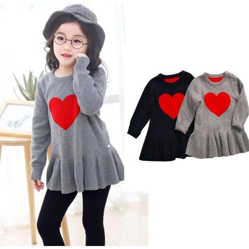 12Months-4Years Sweater skirt winter Infant Baby Kids Girls Long Sleeve Knit Heart Print Ruffle Dress Princess Dress fashion M5