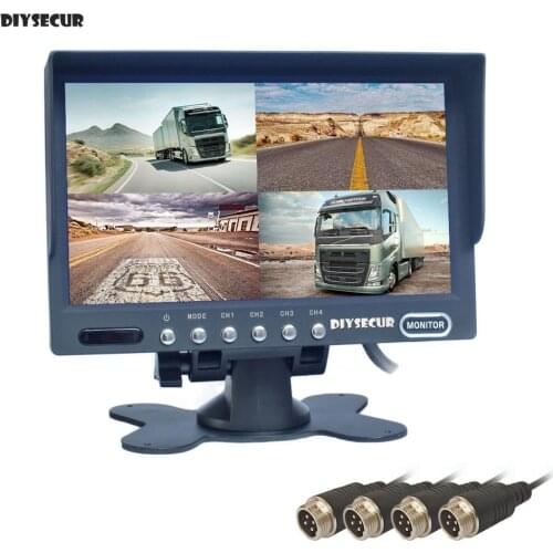 DIYSECUR 4PIN DC12V-24V 7" 4 Split Quad LCD Screen Display Color Rear View Car Monitor for Car Truck Bus Reversing Camera
