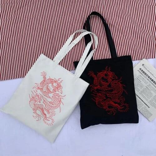 Womens Canvas bag shopping bag Harajuku Y2K Harajuku Retro Korean Style Dragon Gothic myth Print bag large-capacity handbag