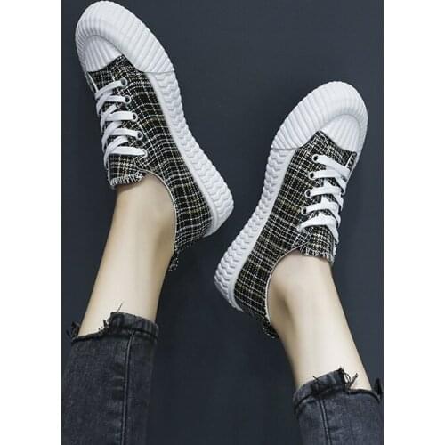 Women Casual Shoes Fashion Breathable Grid Pattern Canvas Lace Up Flat Shoes Sneakers Comfortable Women Tenis U12-41