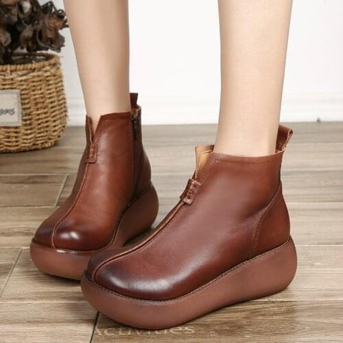 2019 Autumn Winter Vintage Shoes Women Platform Boots for Ladies Casual Ankle Boots for Women Genuine Leather Shoes