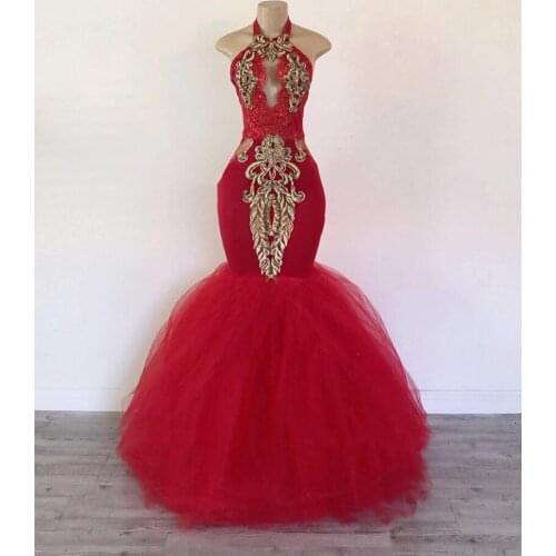 African Black Girl Long Prom Dress Real Picture Sexy Backless Halter Gold Appiques Red Mermaid Prom Dresses 2021