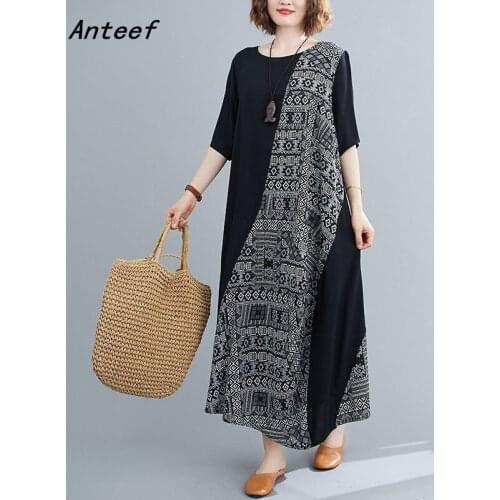 Short sleeve plus size black cotton vintage dresses for women casual loose long summer beach dress elegant clothes 2021 sundress