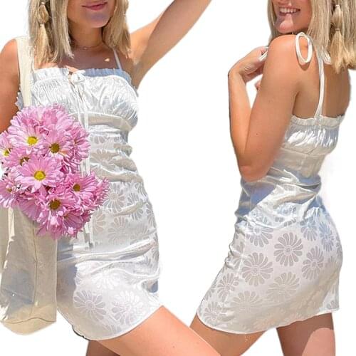 Ladies Sexy Short Slip Dress, Summer Girls Floral Pattern Chest Lace Ruched Decoration Tie Up Sleeveless Suspender Skirt