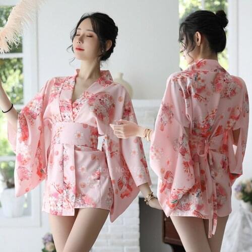 Sleepwear Sakura Women Kimono Dress Japanese Style Yukata Bathrobe Gesha Sexy Deep V-neck Haori Mini Bathing Gown Lingerie
