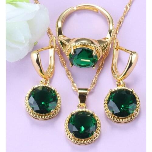 Dubai Gold Color Jewelry Sets Round Green Zirconia Trendy Costume Earrings Necklace And Pendant Ring Sets For Women Wedding