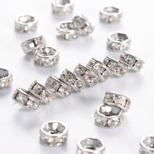 200 pcs Disc Stainless Steel Loose Spacer Beads with Rhinestone Bead Spacer ,Stainless Steel Color, Wholesale F60