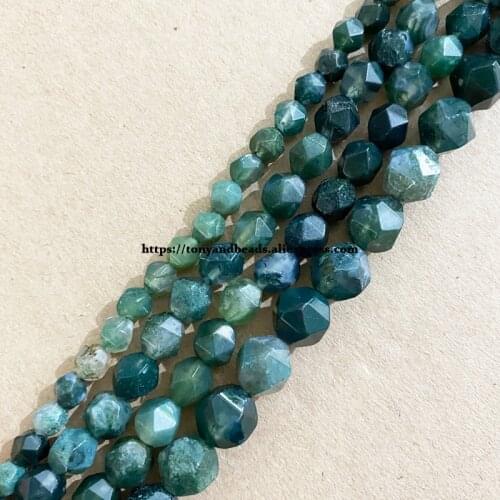 15" Natural Stone Big Cuts Faceted Moss Agate Round Loose Beads 6 8 10 mm Pick Size