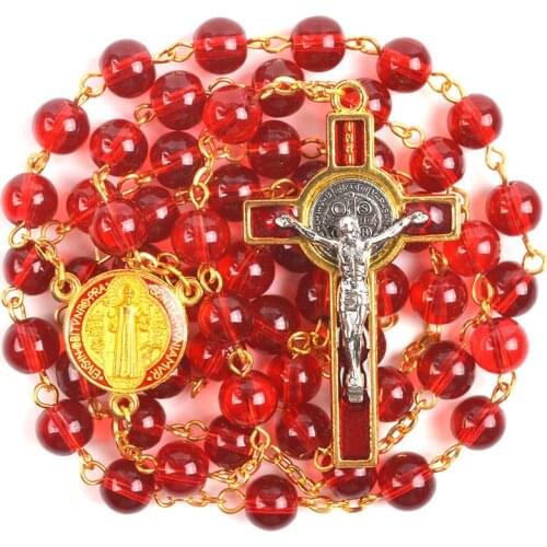 Catholicism Red Glass Beads Necklace with Gift Box St Benedict Centerpiece Cross Rosary