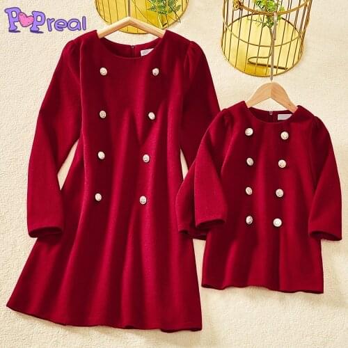PopReal Parent-Child Outfit Fashion Mother Kids Dress Family Matching Clothes Mother And Daughter Outfits Double Breasted