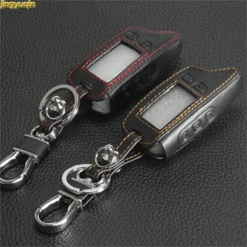 Jingyuqin Leather Key Cover Case For Tomahawk TW9010 Two Way Alarm System LCD Remote Controller Car Alarm Keychain Bag Styling