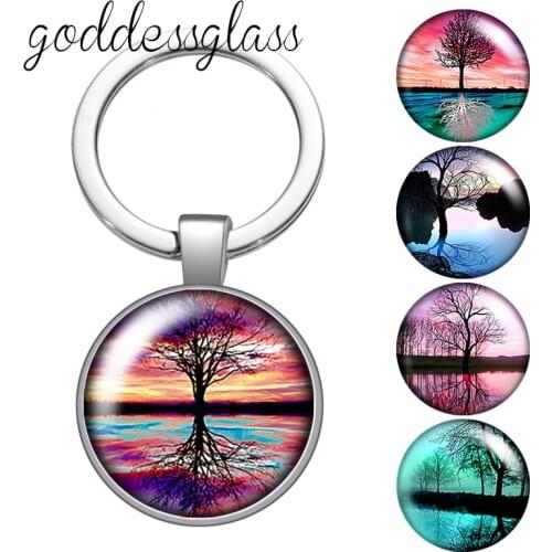 Beauty Lake Tree Life tree Photo Round glass cabochon keychain Bag Car key chain Ring Holder Charms keychains for gift