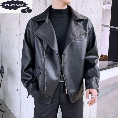 Fashion New Korean Casual Loose Mens Faux Jackets Turn Down Collar Moto Biker Male PU Leather Coats Jaqueta Masculino