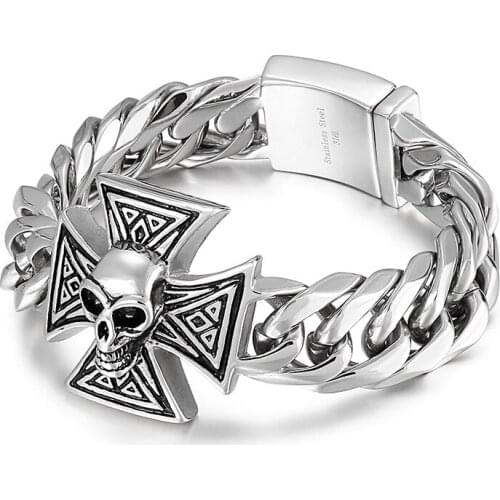 Jewels Store High Quality Cross Skull Totem Stainless Steel Mens Punk Bracelet Heavy Hand Chain For Man JS42844-D