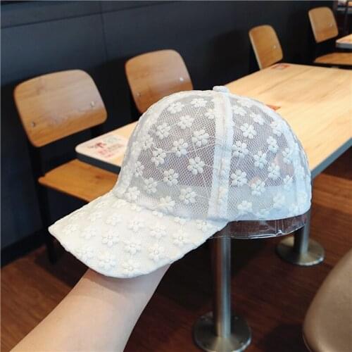 New Cap White and Black Women Summer Breathable Lace Net Cap Mesh Flower Sun Baseball Cap with Adjustable Length