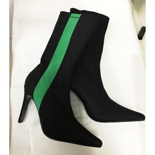 Sexy Ladies Stripe Patched Stretch Fabric Ankle Boots Stiletto High Heels Female Gladiator Pointed toe Slim Fit Bottines Woman