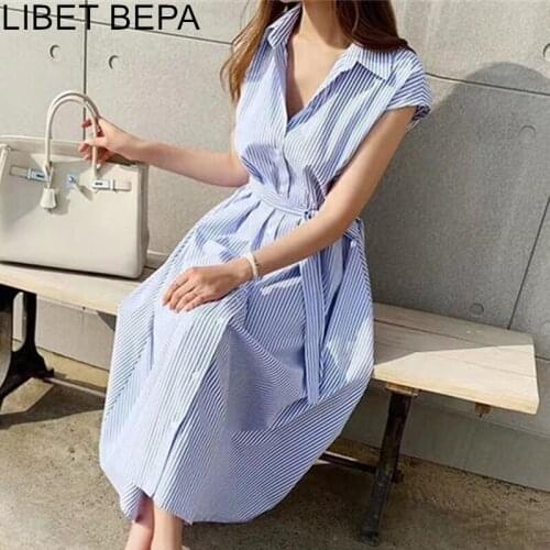 2021 New Women Summer Shirt Dresses Casual Sleeveless Stripe Single Breasted Buttons High Waist Lace Up Lady Long Dress DR1970