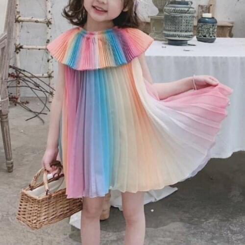 Girls' Rainbow Chiffon Dress Girls Summer Ruffle Pleated Dresses Gauze Princess Childrens Day Party Kids Girl Birthday Dress