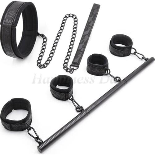 Stainless Steel Adjustable Spreader Bar Bondage Fetish Sex Slave Lace Neck Collar Handcuffs Ankle Cuffs Restraint Sex Toys Bdsm