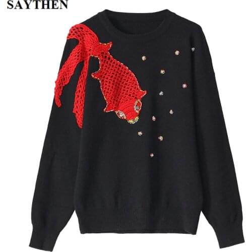 SAYTHEN 2021Spring And Autumn New Beading Hand Hook Goldfish Round Neck Long Sleeve Luxurious Pullover For Women Knitted Sweater