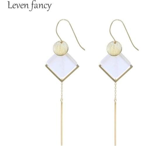 Square Opal Drop Earrings 925 Sterling Silver Trendy Style Sweet Tassel Earrings for Girls Geometric Long Bar Dangle Earrings