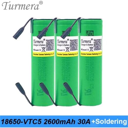 Turmera 18650 vtc5 us18650vtc5 2600mAh 30a 18650 lithium rechargeable battery for screwdriver shura + soldering strip JU04