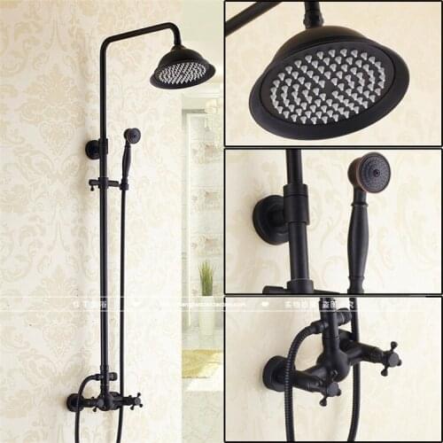 Bathroom Black Oil Paint Solid Brass Bathtub Shower Set Wall Mounted 8" Rainfall Shower Mixer Tap Faucet 3-functions Mixer Valve