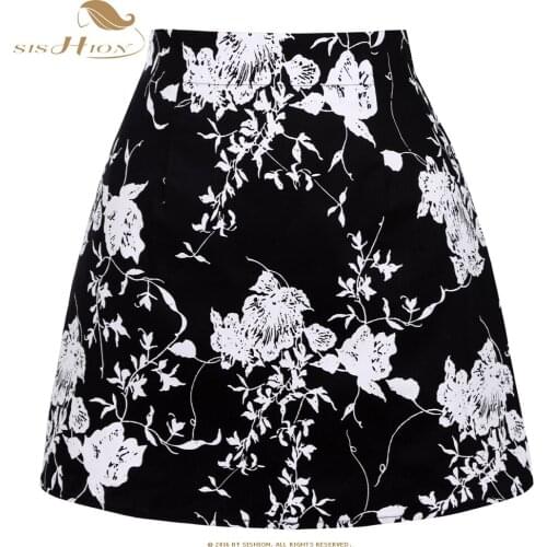 SISHION Black White Flower Print Floral Skirts SS0008 Vintage Cotton Mini Skirt Sexy Women faldas mujer moda 2021 Black Skirt