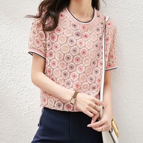 Women Summer All-Match Casual Lace Shirts All-Match Blouses Short Sleeve O-Neck Thread Fashion Loose Blusas Tops MM0642