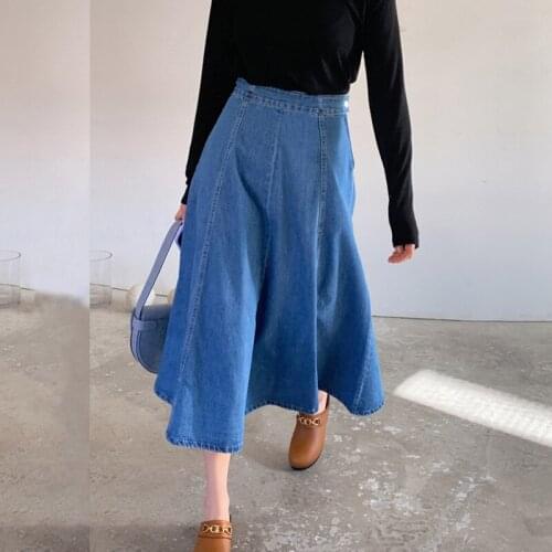 Women Hot Denim Skirts Female High Waist Vintage Korean Jeans Skirt Feminino Casual Blue A Line Pleated Skirt Plus Size 6XL