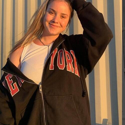 Zip-up hoodie 90s vintage womens letter printing casual Oversized streetwear long-sleeved sweatshirt Harajuku y2k outerwear