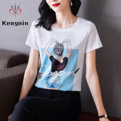 Ice Silk Stretch Women Tops 2021 Summer Satin Short Sleeve Female Tees Plus Size Patchwork Color Print Ladies Pullovers KN227
