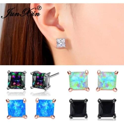 JUNXIN Princess Cut Crystal Square Stud Earrings For Women Men White Gold Rose Gold Color Black CZ White Blue Fire Opal Earrings