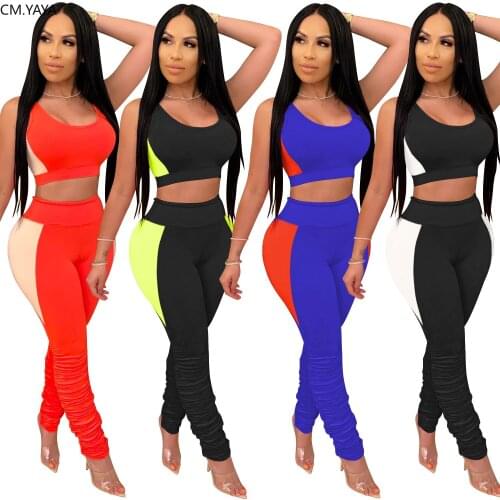 CM.YAYA Sport Patchwork Women Two Piece Set Mini Tank Tops Stacked Leggings Jogger Sweatpants Suit Tracksuit Matching Set Outfit