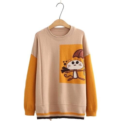 2020 Autumn Winter Korean Women Retro Hit Color Harajuku Pullover Cartoon Embroidery Knit Jumper Loose Femme Knit Sweater 209822