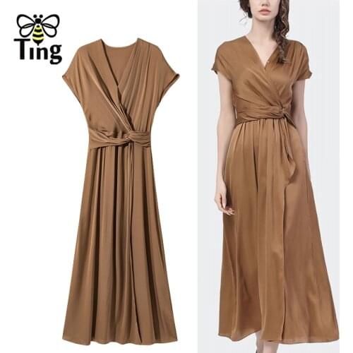 Tingfly Vintage Casual Women Large Size Midi Long Dress Office Style Brown Satin Silky Dress Vestidos Elbise Trendy Summer Robes