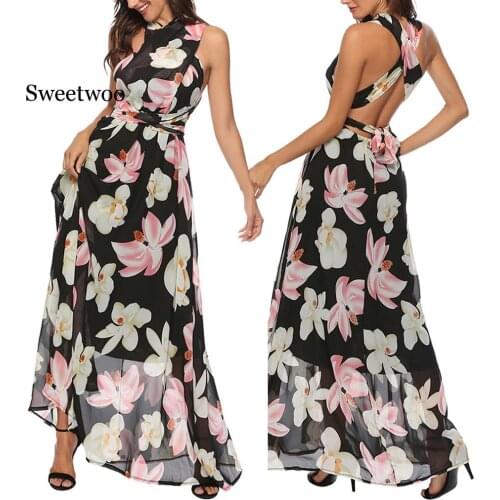 Women Summer Sexy Sleeveless Maxi Dress V Neck Printed Backless Off Shoulder Dress Party Beach Holiday boho Long Dress