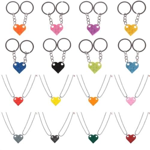 2Pcs Cute Love Heart Brick Keychain for Couples Friendship Women Men Girl Boy Lego Elements Key Ring Birthday Jewelry Gift