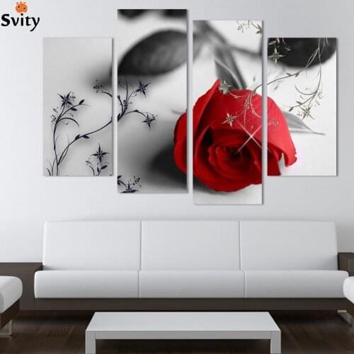 Wholesale 4 Pcs Hot Sell red Flowers Wall Art Picture Modern Home Decoration Living Room or Bedroom Canvas Print Painting